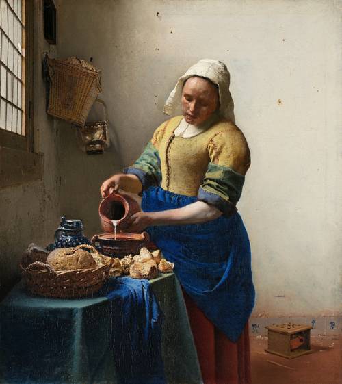 Johannes Vermeer, La Laitière, vers 1660, huile sur toile, 45 cm x 41 cm, Rijksmuseum, Amsterdam. La jupe de la laitière est peinte avec de l'outremer naturel.