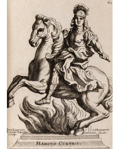 l'image montre une gravure de statue équestre, un personnage sur un cheval - tons roses et gris