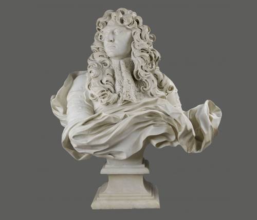 l'image montre le Buste de Louis XIV sculpté par le Bernin, gros plan sur fond gris